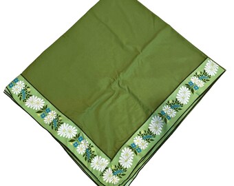 Vintage MCM Mid Century Avocado Green Blue Floral Daisy Tablecloth 62x110" Spring Summer Easter