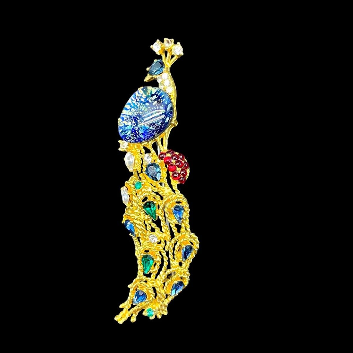 Peacock Pin, Bird Brooch, Gold Peacock Pin, Enamel Peacock