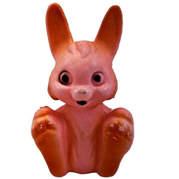 Vintage Pink Plastic Blow Mold Bunny Rabbit Sitting Coin Bank 7"