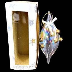 VTG Silvestri Clear Glass Hand Blown Teardrop Gold Bells Christmas Ornament