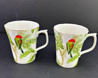 Grace's Teaware Set of 2 Tropical Bird Parrot Tea Cups Jungle Paradise Parrots HTF