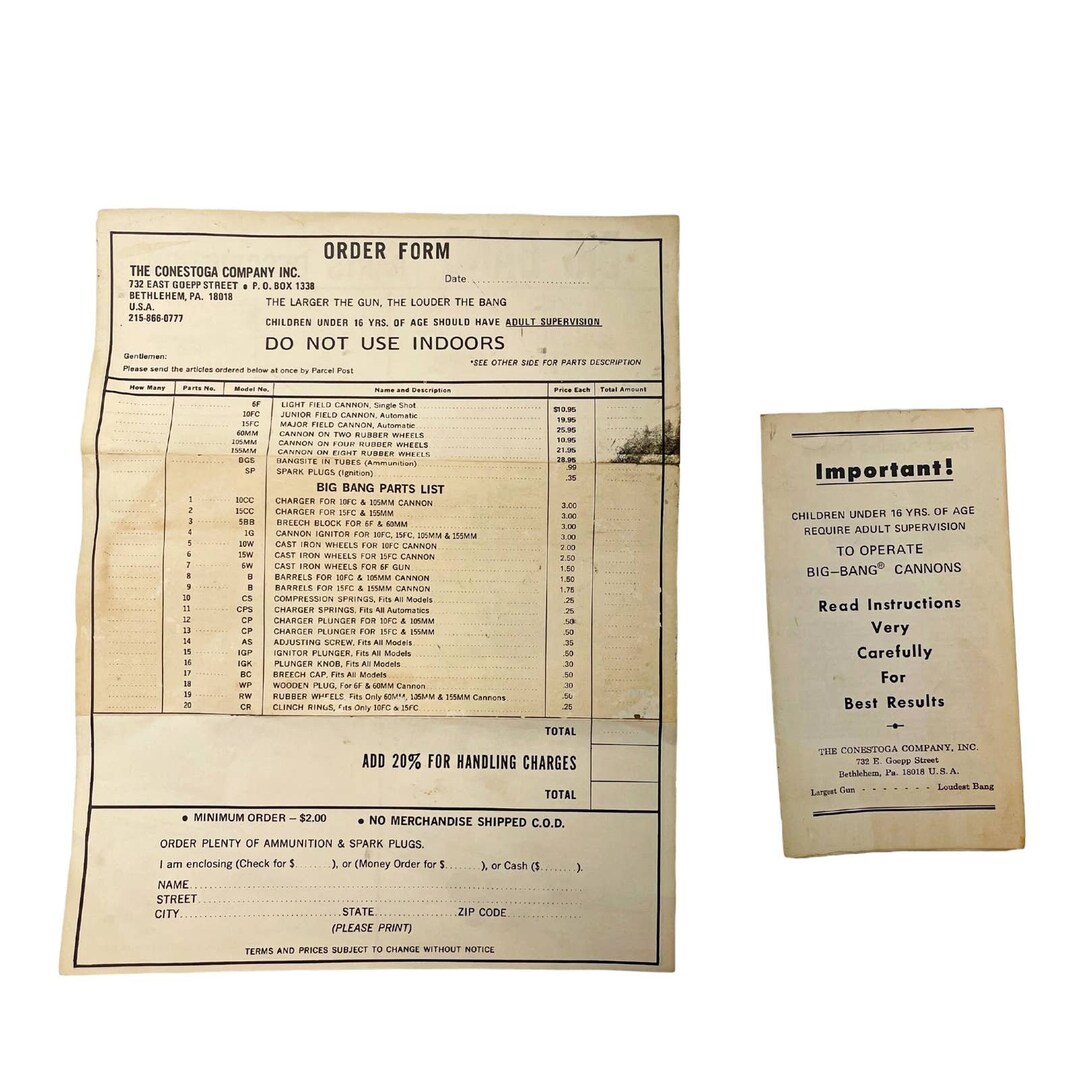 Vintage Conestoga Big Bang Parts List Order Form and Firing ...