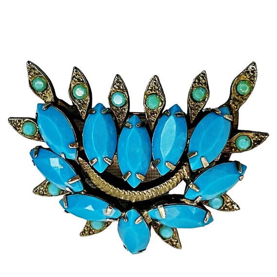 Vintage Turquoise Blue Glass Brooch Silver Tone P… - image 1