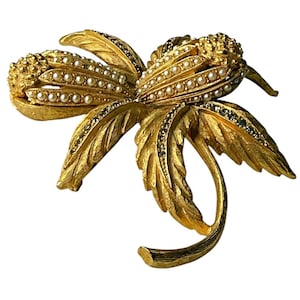 VTG Large 3" Gold Tone Faux Pearl Rhinestone Orchid Flower Double Fantasy Brooch