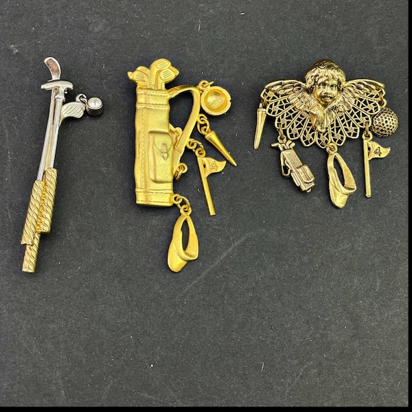 Golf Club Golf Bag Angel Golfing Brooches Pins JJ Liz Claiborne Kim Rodgers FREE SHIPPING