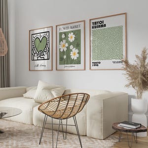 Set of 3 Sage Green Kusama, Keith Haring, Flower Market Prints, White Wall Art Prints, Famous Artists Prints, Green Wall Art Poster Prints