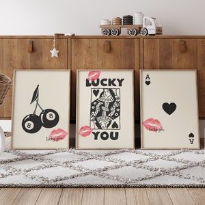 3er Set - Trendy Retro Wand Kunst Set, Trendy Ästhetischer Druck, Lucky You Poster - Queen of Hearts Wandkunst - Trendy Queen Funky Poster