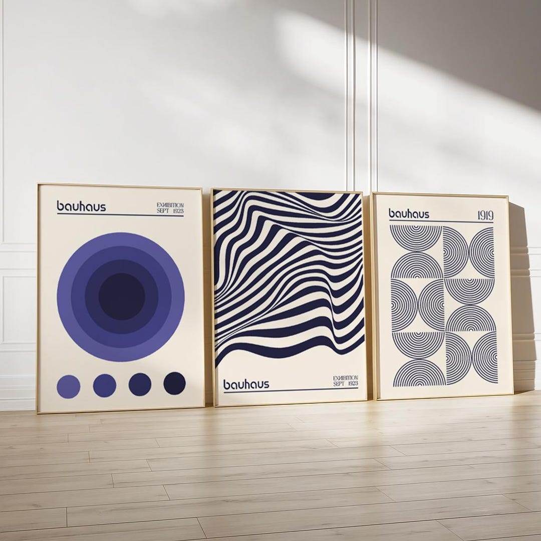 Blue Bauhaus Art Print Set, Modern Geometric Wall Art, Mid Century ...
