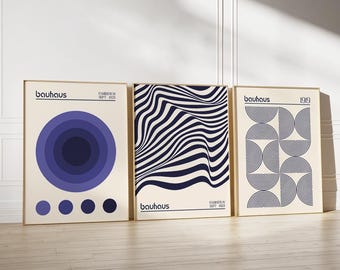Blue Bauhaus Art Print set, Modern Geometric Wall art, Mid Century Printable Art, Bauhaus Exhibition Poster Set, Minimalist Retro Wall Art