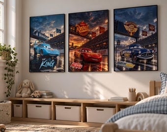 Set of 3 Movie Poster - Cars Movie Poster - Piston Cup - Disneyland Home - Piston Cup - Lightning Radiator Springs Poster,