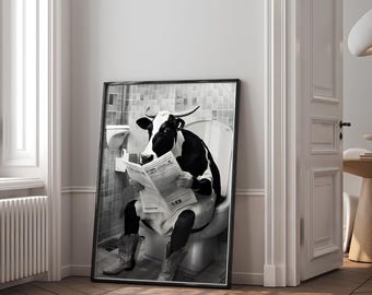 1 BUY 1 FREE Funny Animal Bathroom Wall Art, Highland Cow Prints - Cow on Toilet, in Bath, with Bathrobe, Brushing Teeth. Printable AI Art