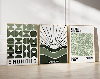 Set of 3 Sage Green Kusama, Yayoi Kusama and Bauhaus Prints, White Wall Art Prints, Famous Artists Prints, Green Wall Art Poster Prints