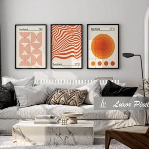 Orange Bauhaus Art Print Set, Modern Geometric Wall Art, Mid Century ...
