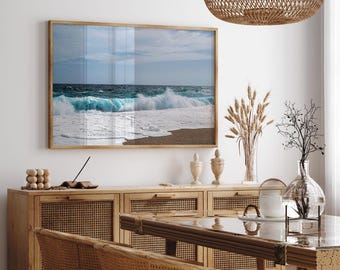 Oceaangolven print, blauwe strandgolf fotografie, moderne poster kustwater, kunst aan de grote muur, zomerposter, decor strandhuis