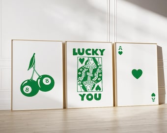 Set Of 3 - Trendy Retro Wall Art Set, Trendy Aesthetic Print, Lucky You Poster - Queen of Hearts Wall Art - Trendy Queen Funky Poster
