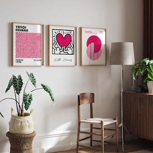 Lot de 3 impressions roses de Kusama, Keith Haring et du Bauhaus, impressions d'art mural blanc et rose, impressions d'artistes célèbres, impressions d'affiches d'art mural rose