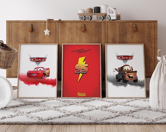Set of 3 Movie Poster - Cars Movie Poster - Piston Cup - Disneyland Home - Piston Cup - Lightning Radiator Springs Poster,