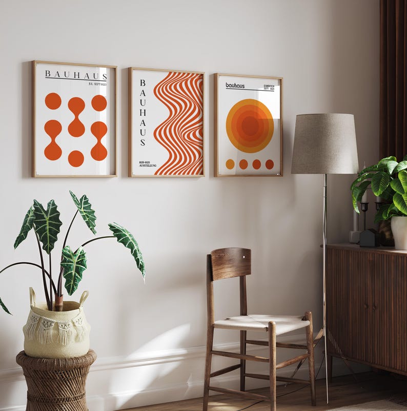 Orange Bauhaus Art Print Set, Modern Geometric Wall Art, Mid Century ...