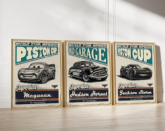 Set of 3 Movie Poster - Cars Movie Poster - Piston Cup - Disneyland Home - Piston Cup - Lightning Radiator Springs Poster,