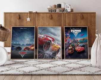 Set of 3 Movie Poster - Cars Movie Poster - Piston Cup - Disneyland Home - Piston Cup - Lightning Radiator Springs Poster,
