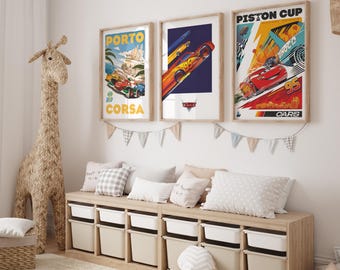 Juego de 3 pósteres de películas: Póster de la película Cars - Copa Pistón - Disneyland Home - Copa Pistón - Póster de Lightning Radiator Springs, descarga digital.