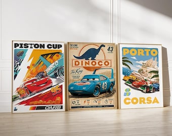 Set of 3 Movie Poster - Cars Movie Poster - Piston Cup - Disneyland Home - Piston Cup - Lightning Radiator Springs Poster,