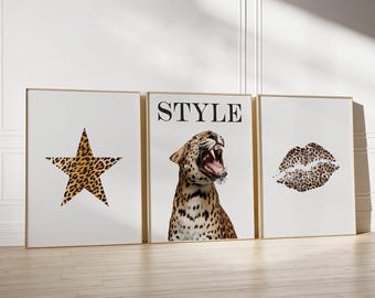 Vintage Set of 3 Cheetah Poster Print, Gallery Cheetah Prints Fashion, Trendy Leopard Print Magazine Cover Decor Aesthetic Decor