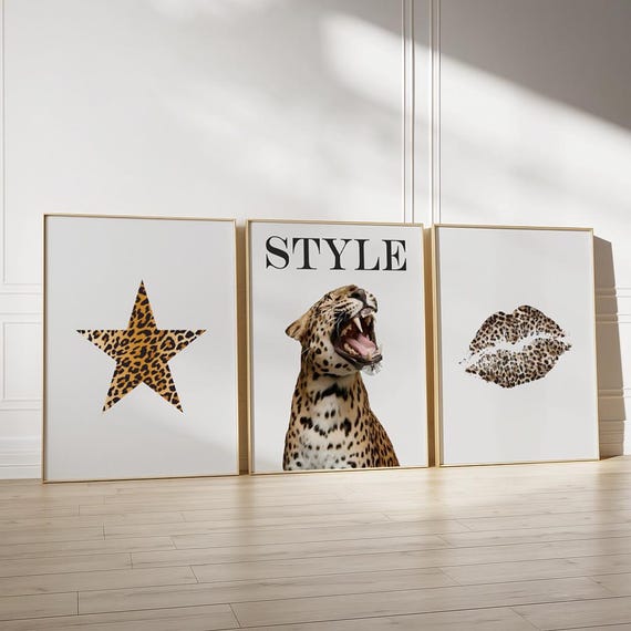 Vintage Set of 3 Cheetah Poster Print, Gallery Cheetah Prints Fashion, Trendy Leopard Print Magazine Cover Decor Aesthetic Decor
