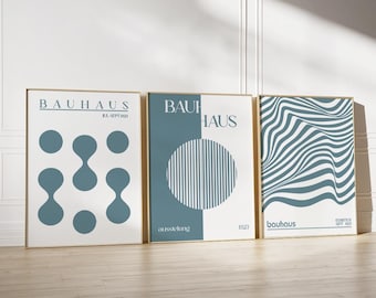 Himmelsblå Bauhaus-konsttryckset, Geometrisk väggkonst från mitten av århundradet, Bauhaus-utställningsaffischset, Minimalistisk retroväggkonst