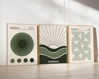 Green Bauhaus Art Print set, Modern Geometric Wall art, Mid Century Printable Art, Bauhaus Exhibition Poster Set, Minimalist Retro Wall Art