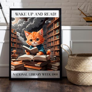 Wake Up and Read National Library Week Poster, Cat and Book Wall Art, 1960s Vintage Decor, Cat Reading Poster, Cat Lover Poster Gift