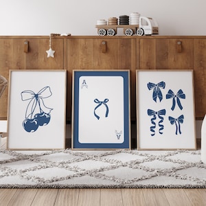 Set of 3 Blue Bows Print, pink College Apartment Decor, Ace Card Lucky Girl Syndrome, Coastal Cowgirl, Girly Room Aesthetic, Preppy Wall Art