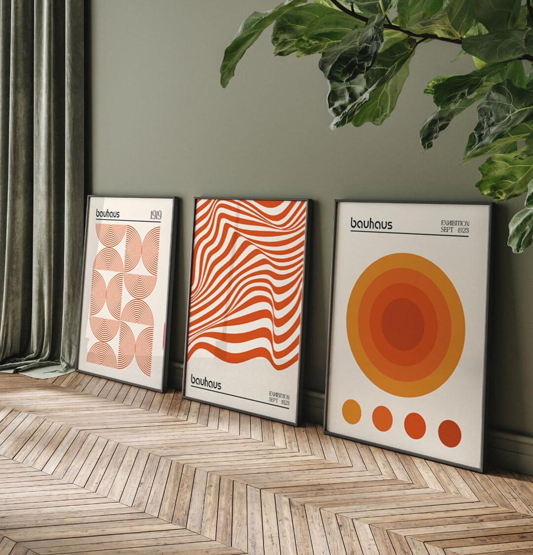 Orange Bauhaus Art Print Set, Modern Geometric Wall Art, Mid Century ...