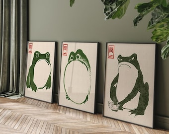 Japanese Matsumoto Hoji Frog Set of 3, Vintage Frog Woodblock Poster, Ukiyo-e Frog Print, Japanese Frog Printable Wall Art, Retro Wall Art,
