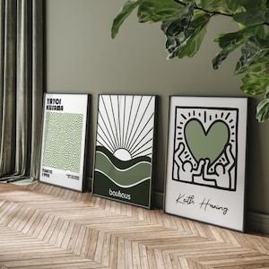 Set of 3 Sage Green Kusama, Keith Haring and Bauhaus Prints, White Wall Art Prints, Famous Artists Prints, Green Wall Art Poster Prints