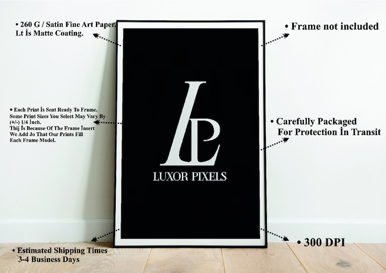 May include: Black and white print with the letters "LP" and the text "LUXOR PIXELS" in a white sans-serif font. The print is framed in a black frame with a white mat.