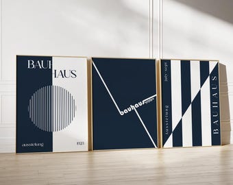 Blue Bauhaus Art Print set, Modern Geometric Wall art, Mid Century Printable Art, Bauhaus Exhibition Poster Set, Minimalist Retro Wall Art