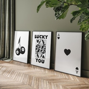 Set di 3 - Set di arte murale retrò alla moda, stampa estetica alla moda, poster Lucky You - Arte murale Queen of Hearts - Poster funky Queen alla moda