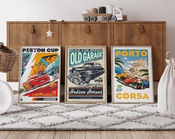 Conjunto de 3 carteles de películas - Cartel de la película Cars - Copa Pistón - Disneyland Home - Copa Pistón - Cartel de Lightning Radiator Springs,