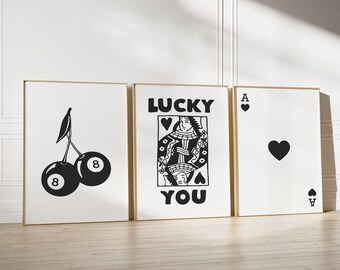 Lot de 3 - ensemble d'art mural rétro tendance, impression esthétique tendance, poster Lucky You - oeuvre d'art murale reine de coeur - poster reine tendance funky