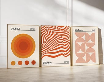 Orange Bauhaus-konsttryckset, Modern geometrisk väggkonst, Utskrivbar konst från mitten av århundradet, Bauhaus-utställningsaffischset, Minimalistisk retroväggkonst