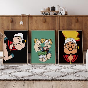 Popeye 3-Piece Poster Set - Vintage Cartoon Wall Art, Retro Home & Office Decor, Classic Popeye Character Prints