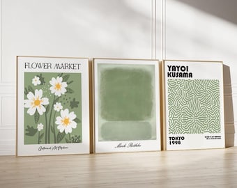 Set of 3 Sage Green Kusama, Mark Rothko, Flower Market Prints, White Wall Art Prints, Famous Artists Prints, Green Wall Art Poster Prints