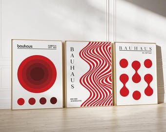 Red Bauhaus Art Print set, Modern Geometric Wall art, Mid Century Printable Art, Bauhaus Exhibition Poster Set, Minimalist Retro Wall Art