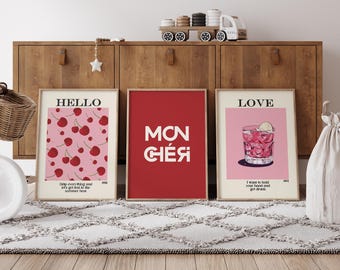 Set Of 3 - Red Cherry Poster, Ma Cherie Coquette Wall Art, Red Ribbon Bow Art Print, College Apartment Decor, Trendy Coquette Room Aesthetic