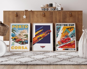 Set of 3 Movie Poster - Cars Movie Poster - Piston Cup - Disneyland Home - Piston Cup - Lightning Radiator Springs Poster,