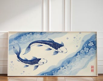 Póster japonés de peces koi, decoración Japandi, arte mural minimalista asiático, lámina de estanque tranquilo, obra de arte oriental moderna, pintura de agua zen.