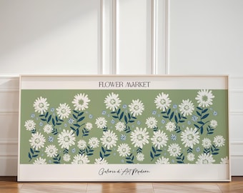 Sage Green Flower Market Prints, Panaromic Bedroom Wall Decor, Living Room Print, Boho Flower Art, Exhibition Mid Century Modern Art Prints