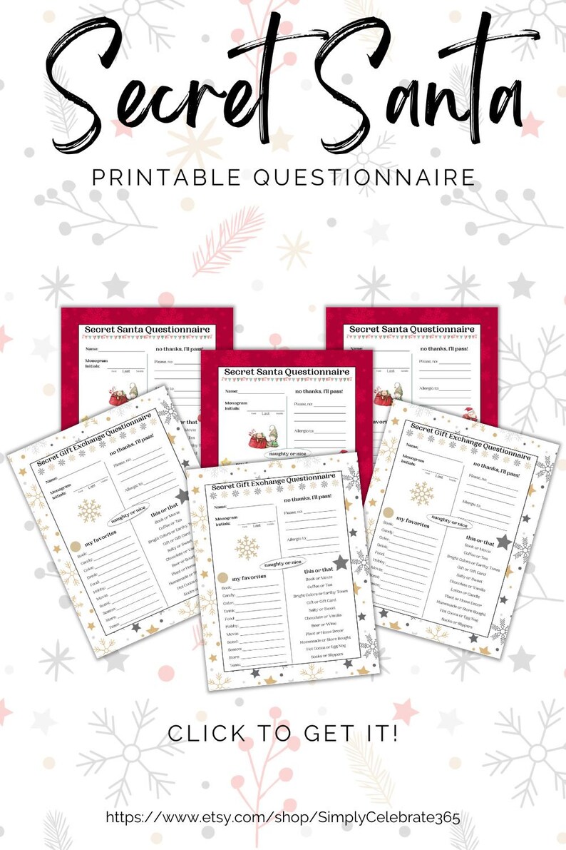 Secret Santa Questionnaire Printable Form Secret Santa Printable Secret ...