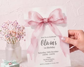 Pink Bow Birthday Invitation, Coquette Party, Editable Canva Template (Digital Download)